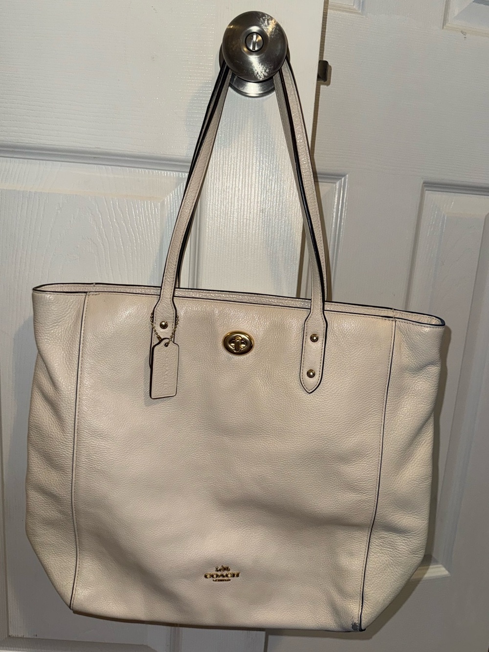Coach White Pebbled Leather Turnlock Zip Top Tote Shoulder Bag
